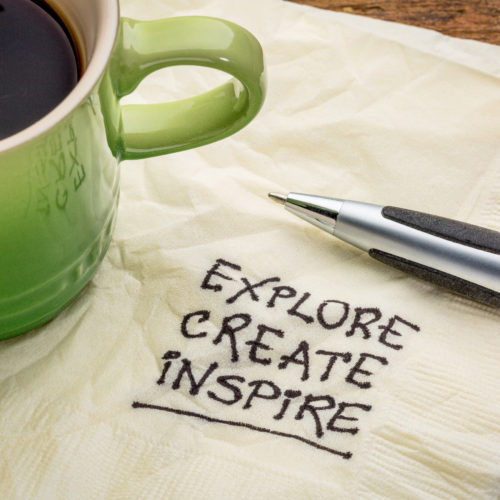 explore, create, inspire - motivational words handwritten on a napkin with a cup of espresso coffee